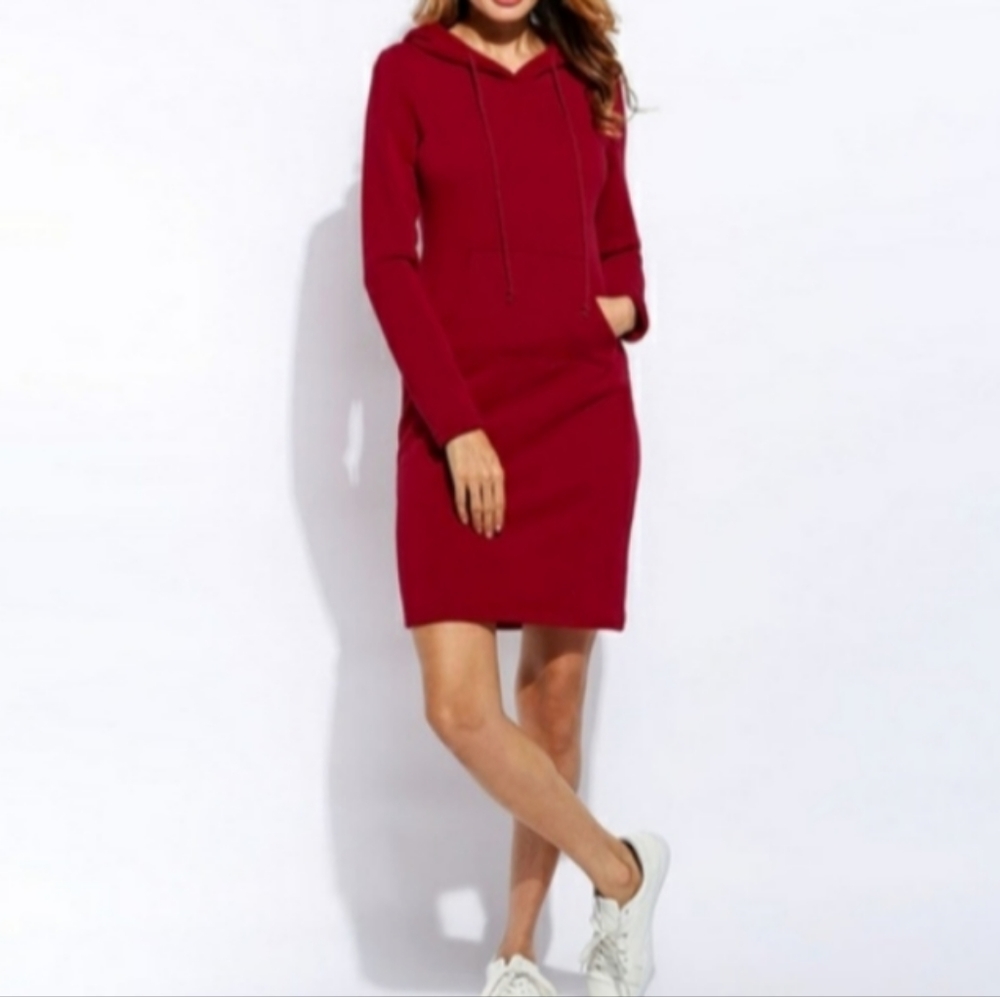 Long Sleeve Hooded Fleece Sweatshirt Dress Wine Red NWT